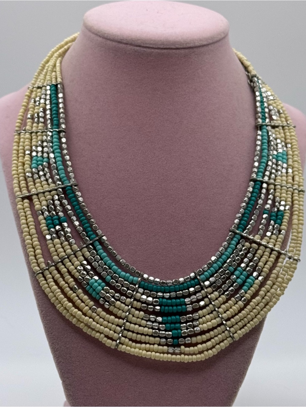 Turquoise and Cream Multi-Strand Beaded Statement Necklace
